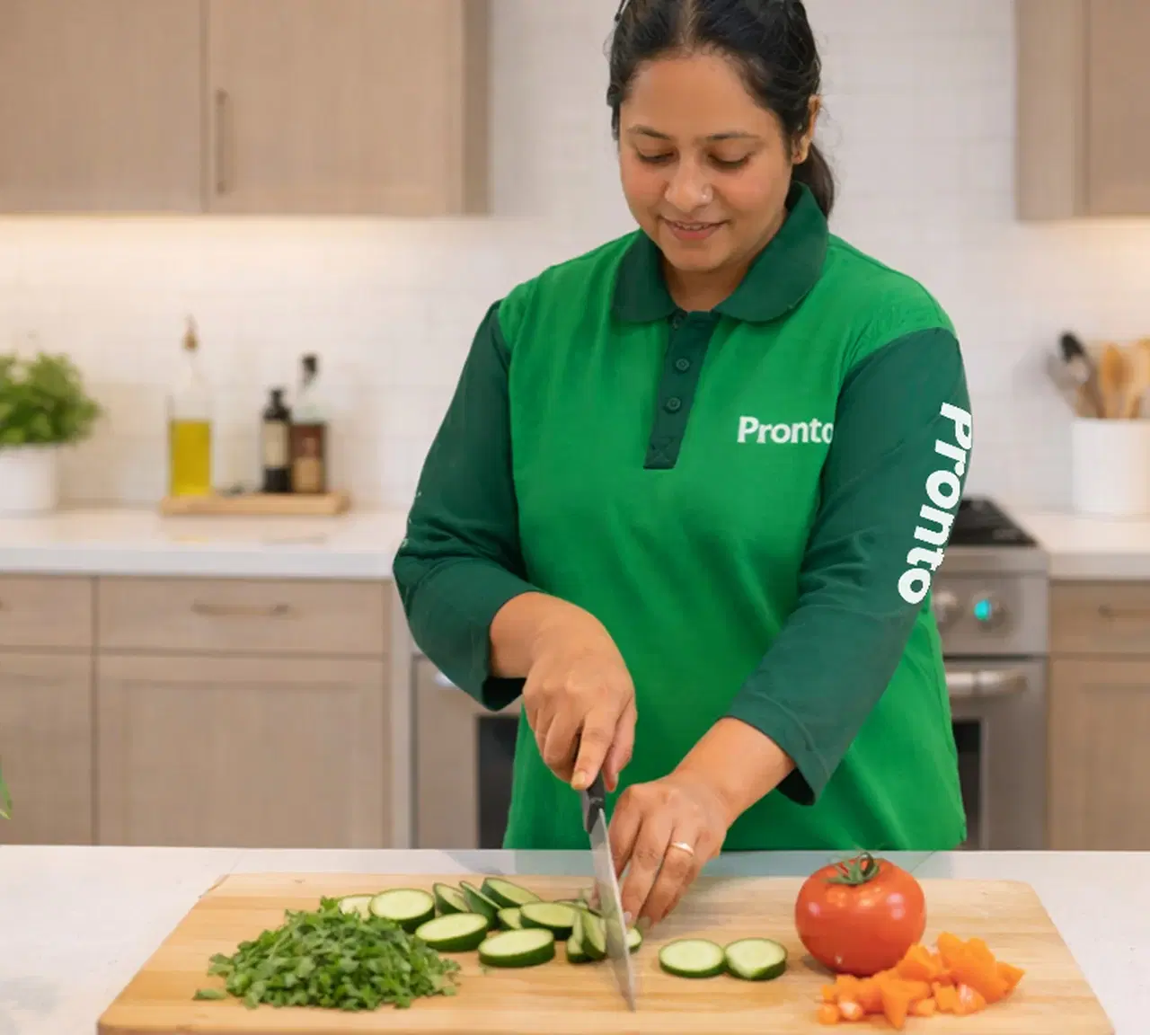 Pronto Pro chopping vegetables on a board